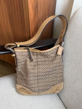 Coach Brown Logo Canvas Shoulder Bag with Tan Leather Trim vintage